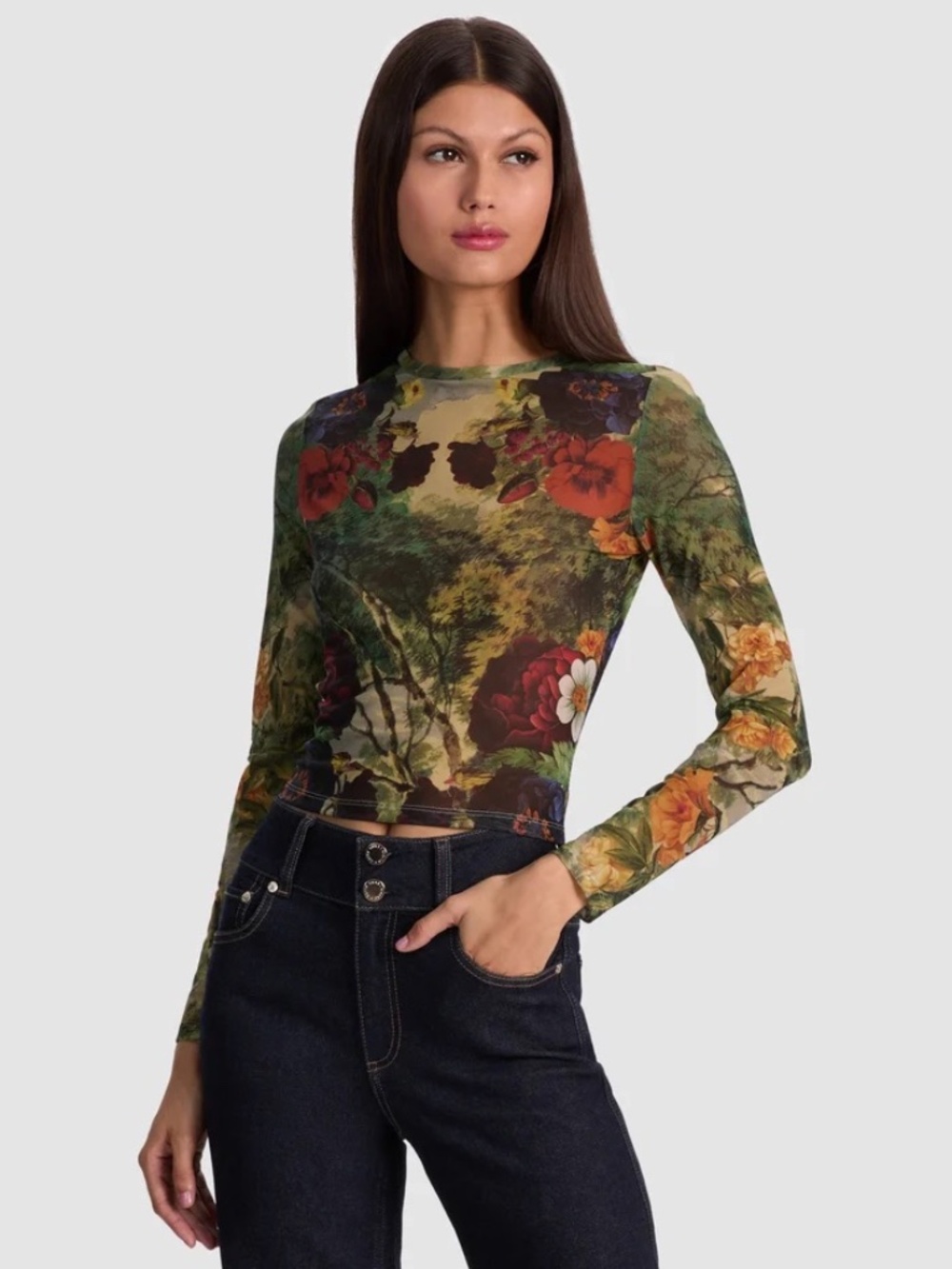 Alice + Olivia Delaina Mesh Top Forbidden Forest size L